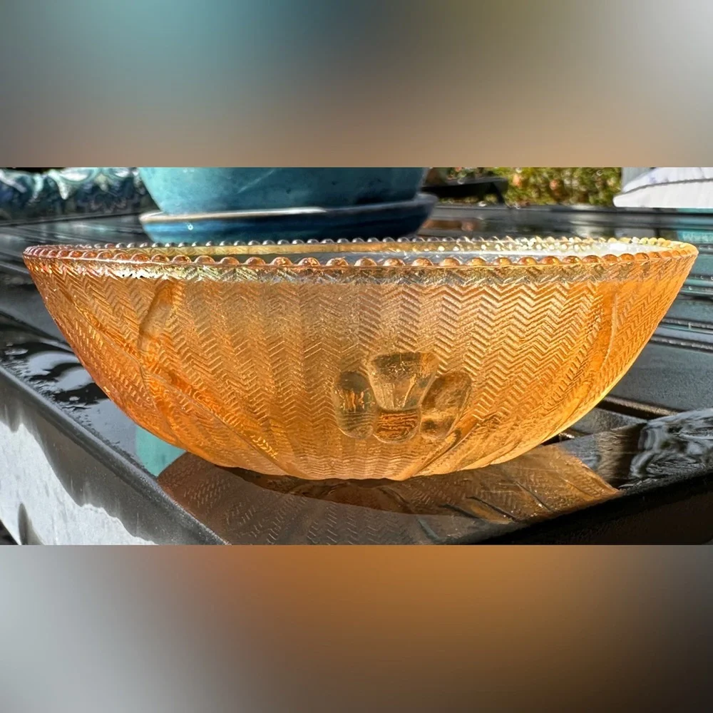 Carnival Glass Jeanette Iris & Herringbone Orange Iridescent Small Bowl VTG